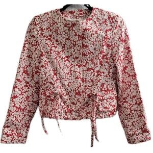 Burberry London Floral Zip Casual Jacket Italy Cotton Linen Women US 6 Red White
